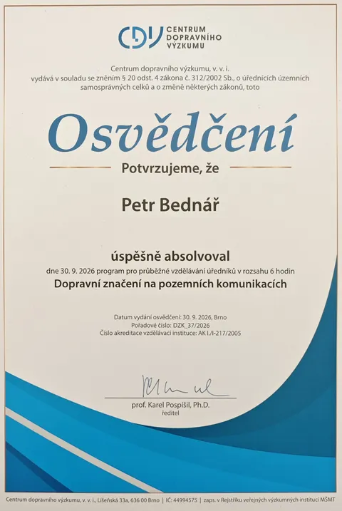Osvědčení Centra dopravního výzkumu o absolvování programu Dopravní značení na pozemních komunikacích