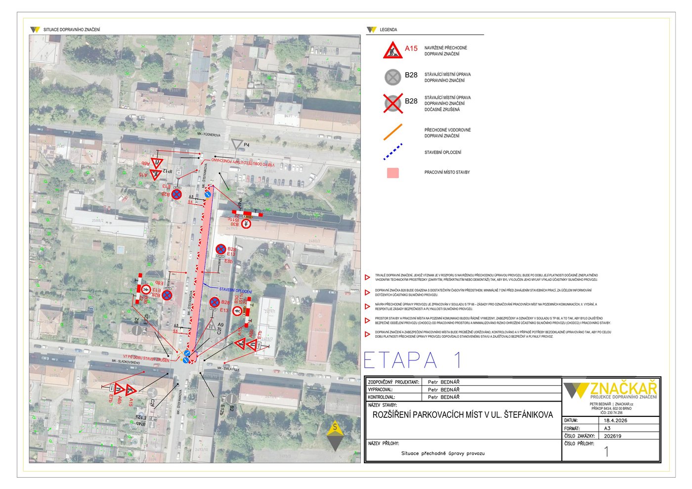 Rozšíření parkovacích míst ul. Štefánikova Louny – etapa 1, přechodné dopravní značení, částečná uzavírka