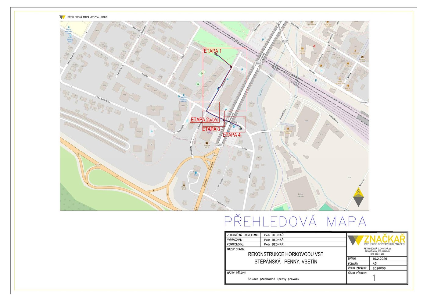 Rekonstrukce horkovodu VST Štěpánská Penny Vsetín – přehledová mapa rozsahu prací